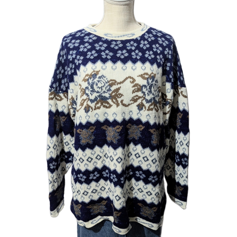 Trimmings Tinsel Blue White Striped Knit Sweater Trimmings Rose Pattern Sweater